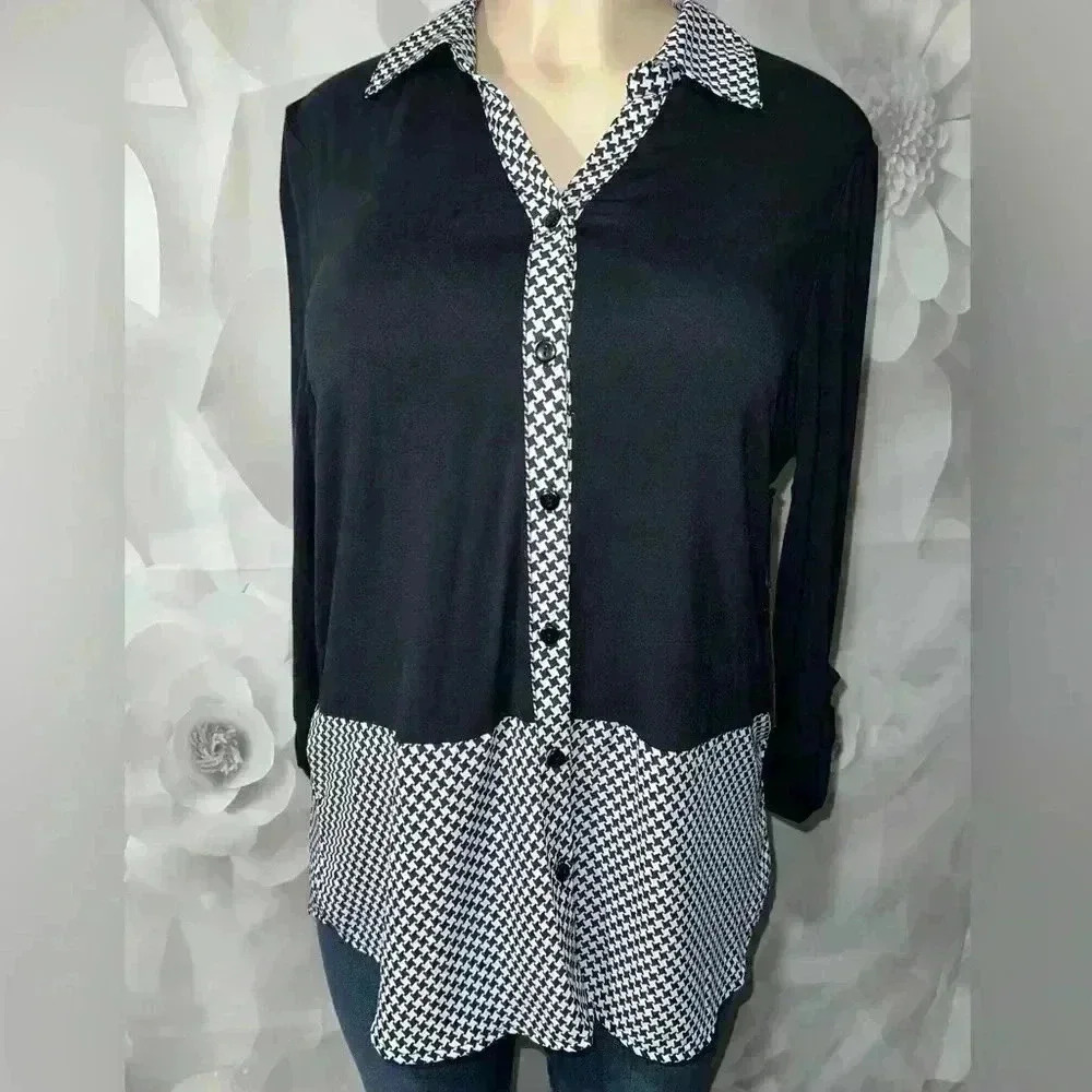 FYLO Women's Size M White & Black Gingham Long Sleeve Shirt NEW